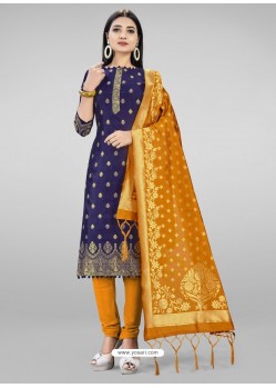 Navy Blue Heavy Designer Banarasi Silk Straight Salwar Suit