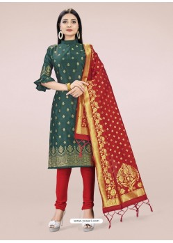 Dark Green Heavy Designer Banarasi Silk Straight Salwar Suit