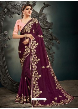Deep Wine Designer Party Wear Satin Sari