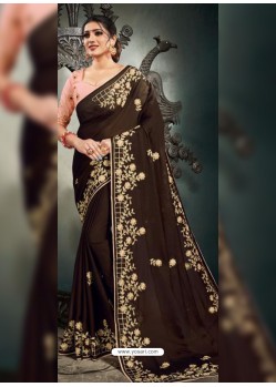 Coffee Designer Party Wear Satin Sari