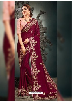 Rose Red Designer Party Wear Satin Sari