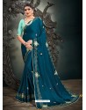 Teal Blue Designer Party Wear Satin Sari