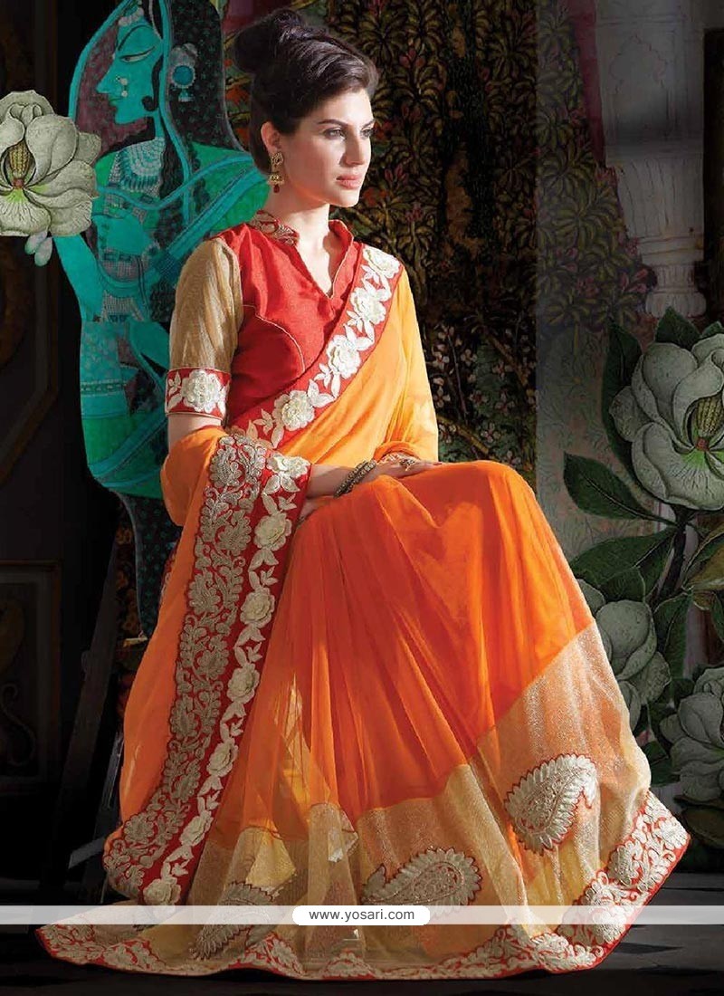 Magnificent Orange Shaded Faux Chiffon Saree