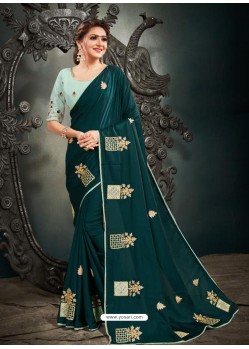 Teal Blue Designer Party Wear Satin Sari