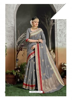 Grey Designer Party Wear Kanjivaram Cotton Silk Sari