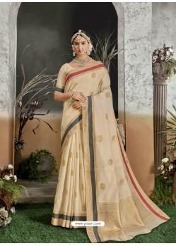 Light Beige Designer Party Wear Kanjivaram Cotton Silk Sari