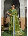 Parrot Green Designer Party Wear Kanjivaram Cotton Silk Sari