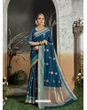 Teal Blue Designer Party Wear Kanjivaram Cotton Silk Sari