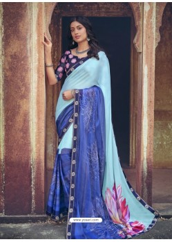 Sky Blue Designer Party Wear Floral Chiffon Sari