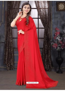 Red Designer Party Wear Pure Satin Sari