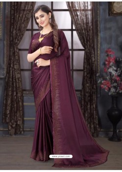 Deep Wine Designer Party Wear Pure Satin Sari