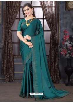 Teal Designer Party Wear Pure Satin Sari