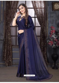 Navy Blue Designer Party Wear Pure Satin Sari