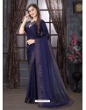 Navy Blue Designer Party Wear Pure Satin Sari