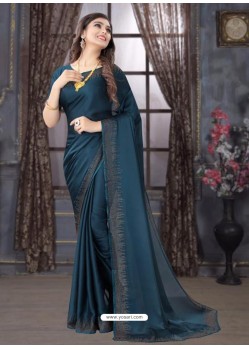 Teal Blue Designer Party Wear Pure Satin Sari