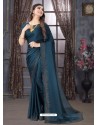 Teal Blue Designer Party Wear Pure Satin Sari