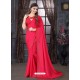 Dark Peach Designer Party Wear Pure Satin Sari