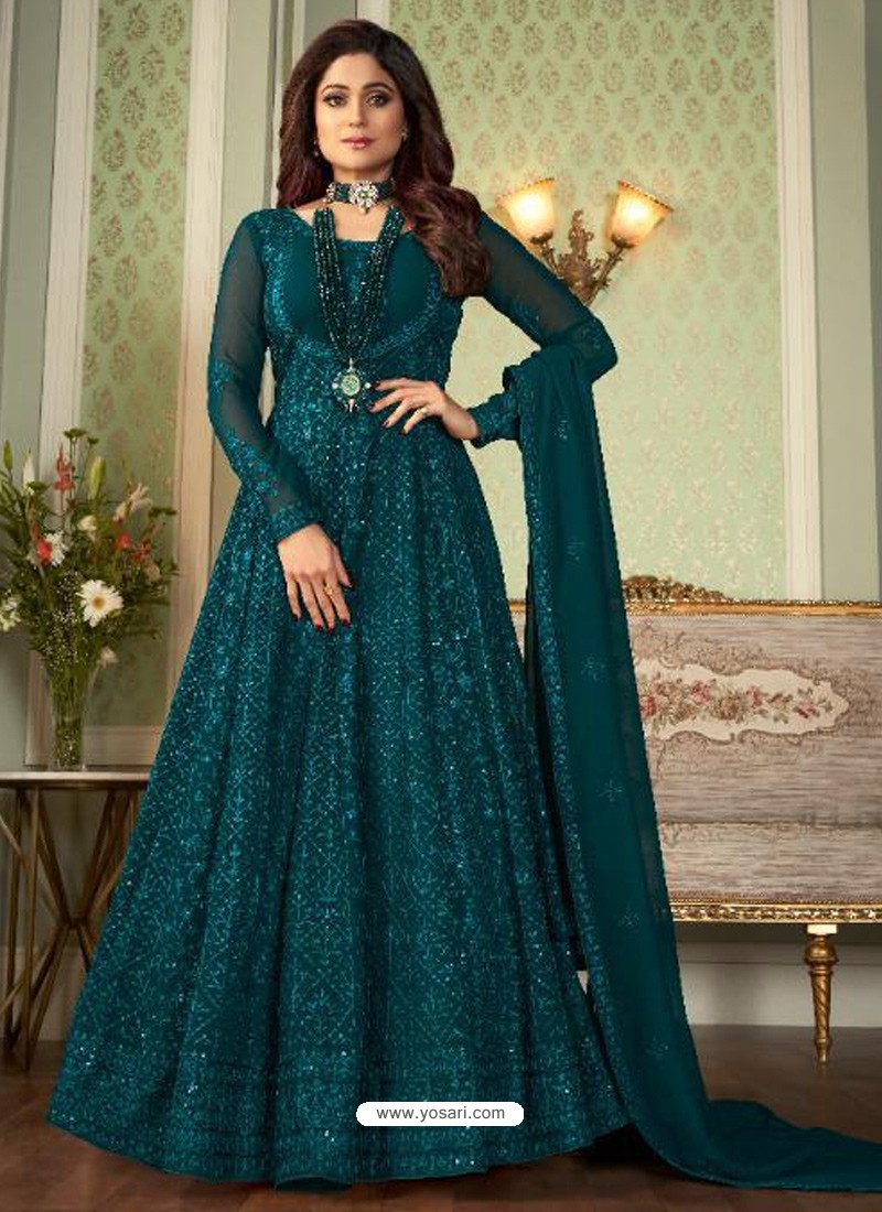 Buy Teal Blue Latest Real Georgette ...
