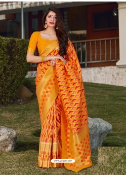 Orange Designer Party Wear Banarasi Silk Sari