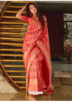 Light Red Designer Party Wear Banarasi Silk Sari