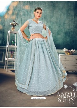 Aqua Grey Designer Bridal Wear Soft Net Lehenga Choli