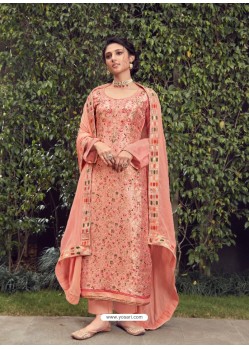 Peach Designer Party Wear Pure Silk Jacquard Salwar Suit
