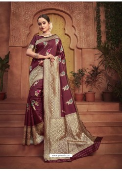 Maroon Dazzling Designer Party Wear Banarasi Silk Sari