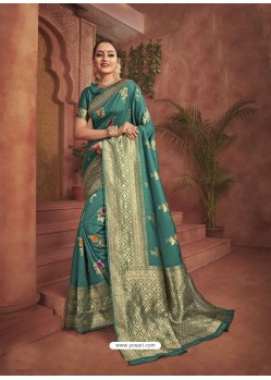Teal Dazzling Designer Party Wear Banarasi Silk Sari