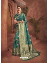 Teal Dazzling Designer Party Wear Banarasi Silk Sari