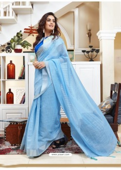 Blue Casual Wear Designer Cotton Linen Sari