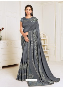 Grey Scintillating Latest Designer Wedding Wear Sari