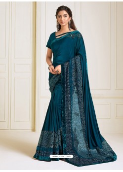 Teal Blue Scintillating Latest Designer Wedding Wear Sari