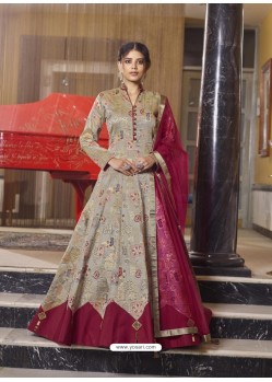 Beige Latest Designer Readymade Party Wear Jacquard Gown Suit