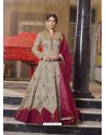 Beige Latest Designer Readymade Party Wear Jacquard Gown Suit