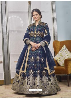 Navy Blue Latest Designer Readymade Party Wear Jacquard Gown Suit