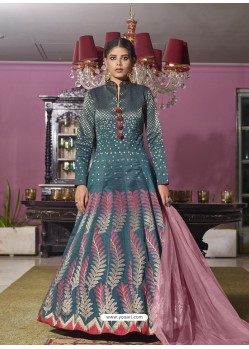 Teal Blue Latest Designer Readymade Party Wear Jacquard Gown Suit