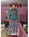 Teal Blue Latest Designer Readymade Party Wear Jacquard Gown Suit