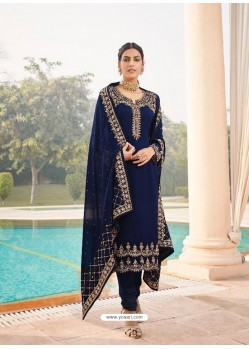 Navy Blue Designer Faux Georgette Party Wear Straight Salwar Suit