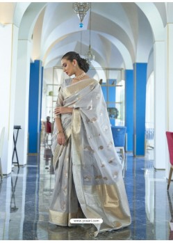 Light Grey Designer Traditonal Wear Tissue Zari Organza Sari