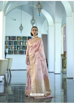 Baby Pink Designer Traditonal Wear Tissue Zari Organza Sari