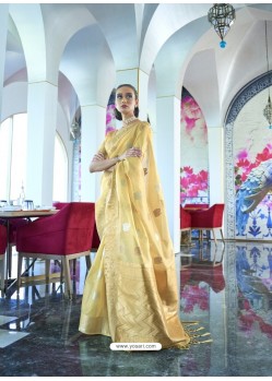 Light Yellow Designer Traditonal Wear Tissue Zari Organza Sari
