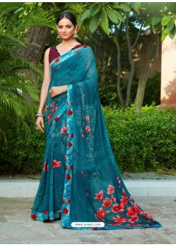 Blue Casual Designer Printed Georgette Sari