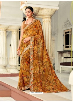 Mustard Casual Designer Printed Georgette Sari