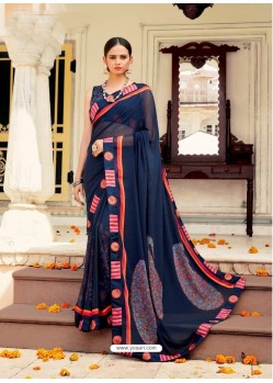 Navy Blue Casual Designer Printed Georgette Sari