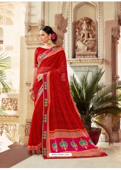 Red Casual Designer Printed Georgette Sari