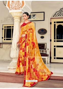 Yellow Casual Designer Printed Georgette Sari