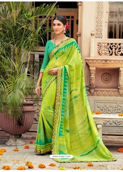 Parrot Green Casual Designer Printed Georgette Sari