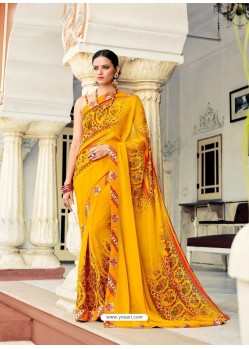 Yellow Casual Designer Printed Georgette Sari