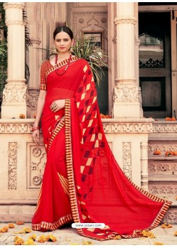 Red Casual Designer Printed Georgette Sari