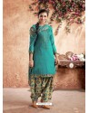 Turquoise Designer Party Wear Pure Cotton Punjabi Patiala Suit